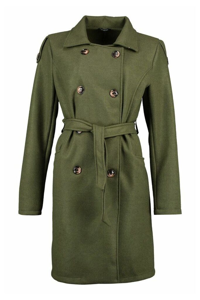 Womens Belted Wool Look Double Breasted Trench Coat - Green - 8, Green