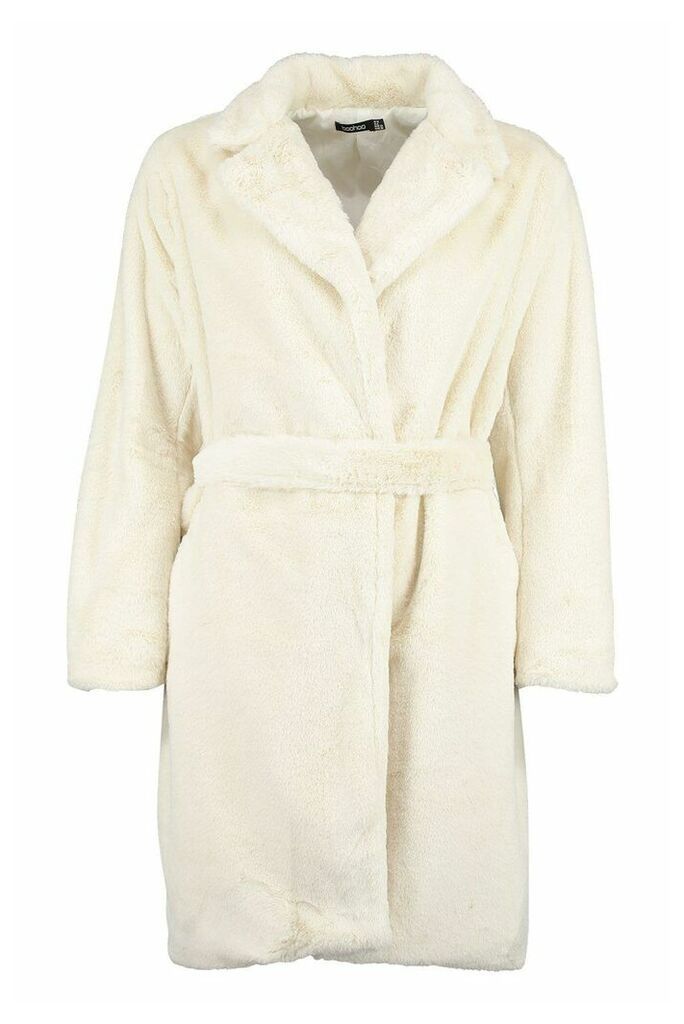 Womens Belted Faux Fur Dressing Gown Coat - White - 16, White