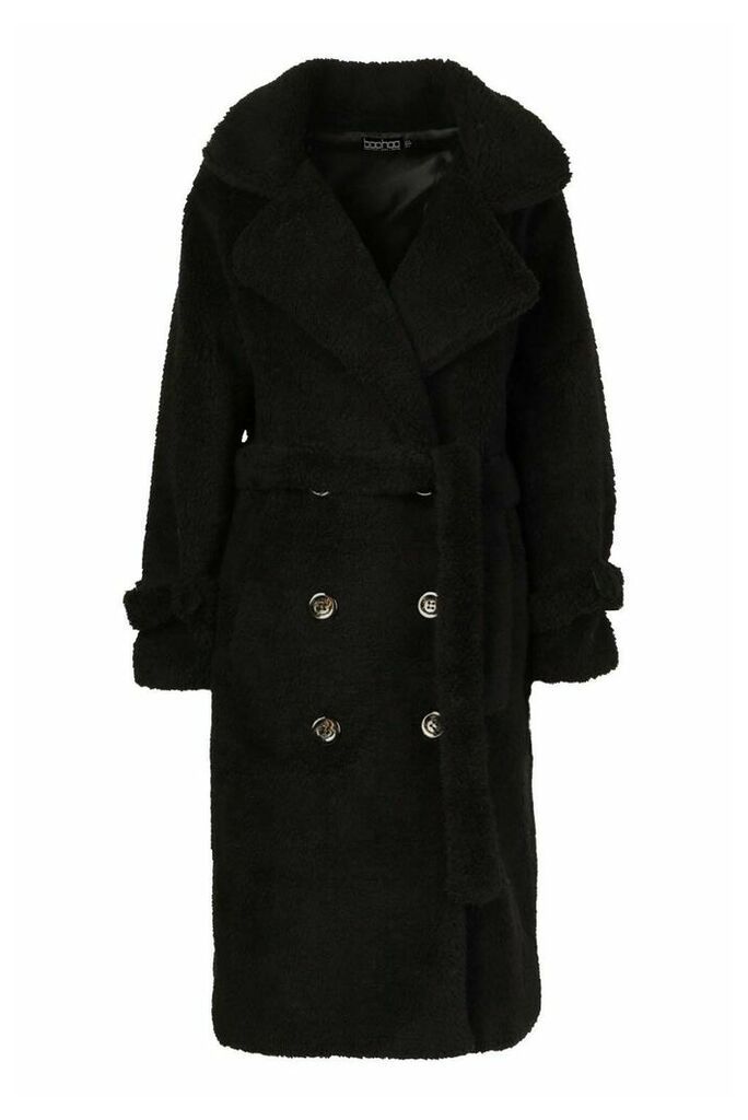 Womens Teddy Faux Fur Trench Coat - Black - S/M, Black
