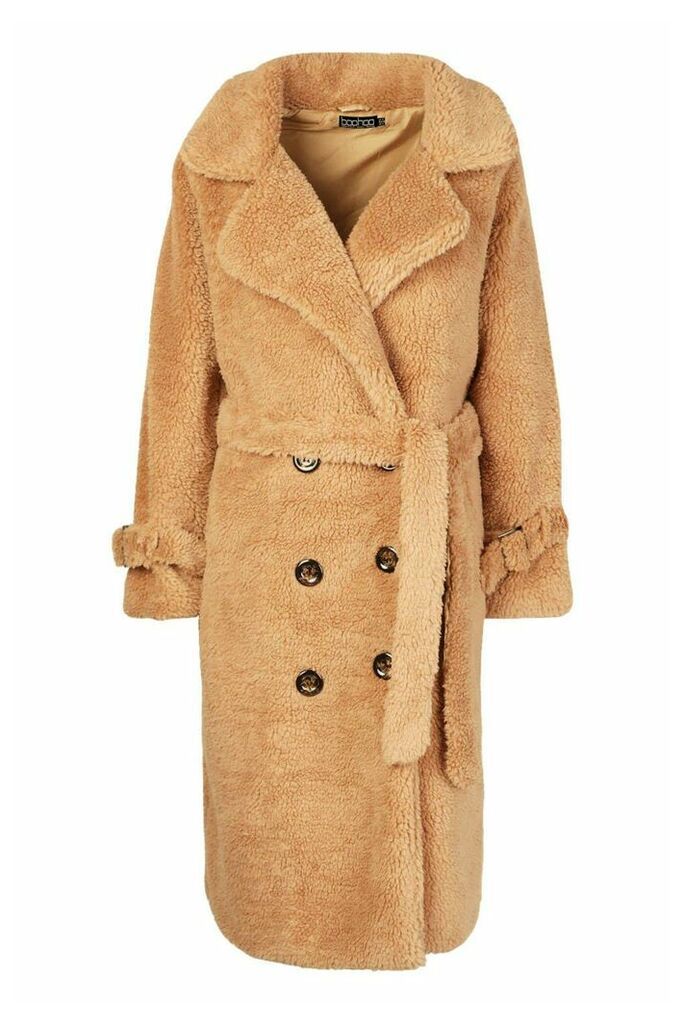 Womens Teddy Faux Fur Trench Coat - Beige - S/M, Beige