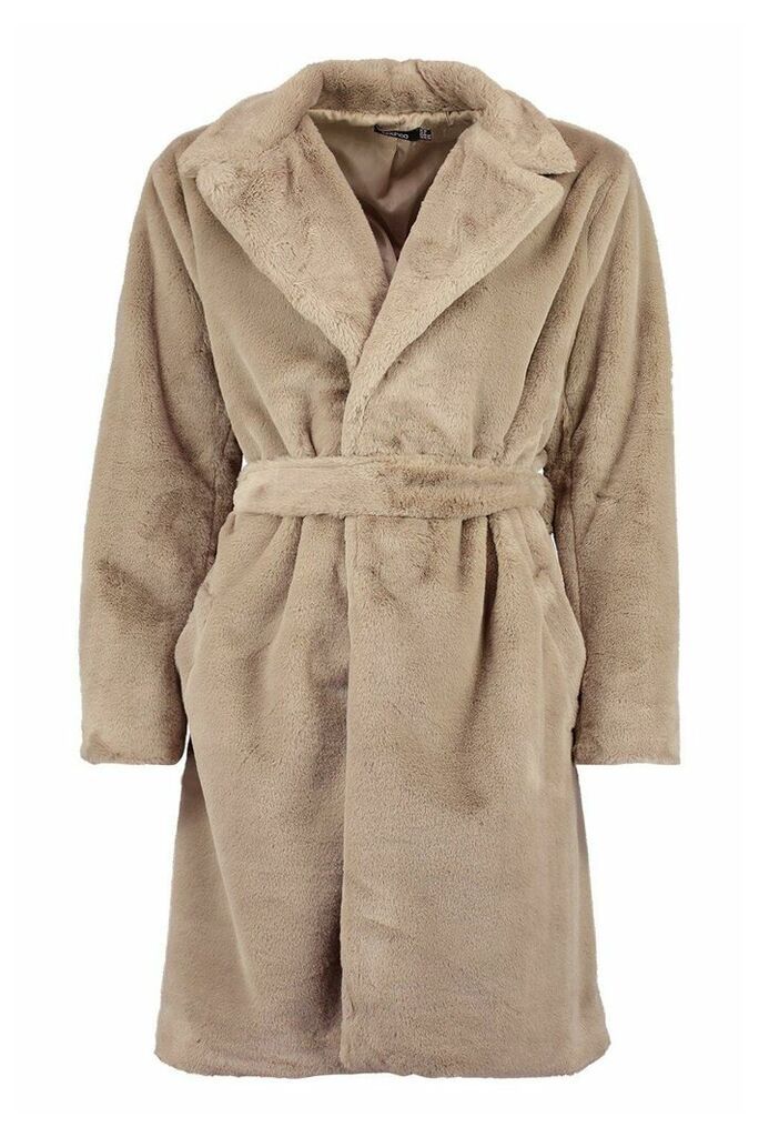 Womens Belted Faux Fur Dressing Gown Coat - Beige - 12, Beige