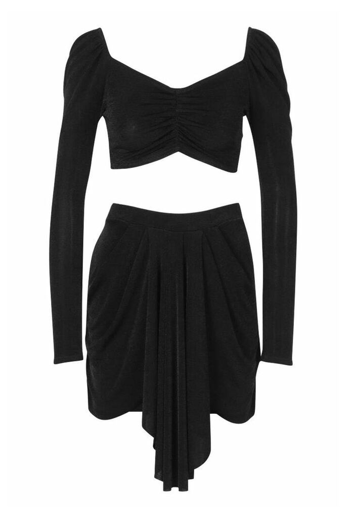 Womens Slinky Puff Sleeve Crop And Drape Skirt Co-Ord - Black - 14, Black