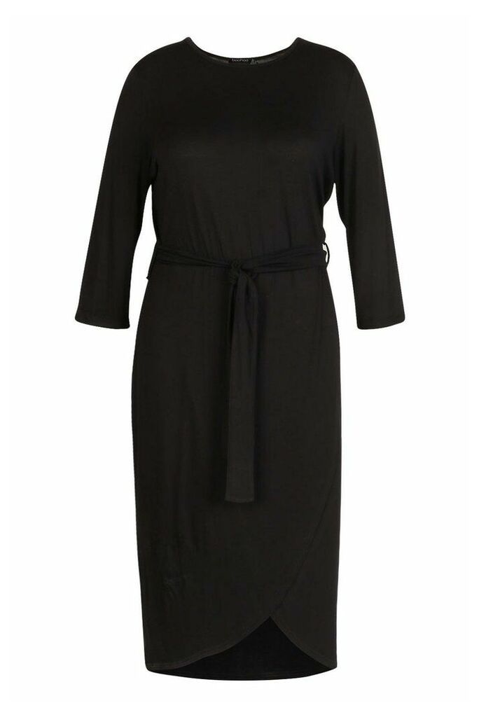 Womens Plus 3/4 Sleeve Tie Waist Wrap Midi Dress - Black - 24, Black