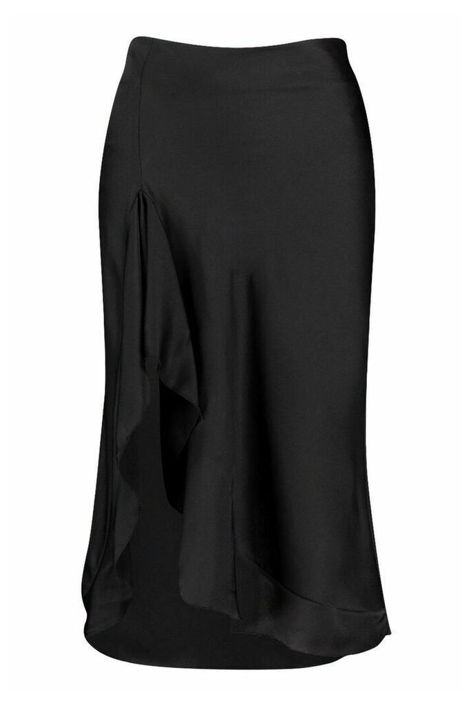 Womens Ruffle Front Matte Satin Slip Skirt - Black - 10, Black