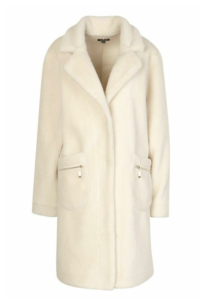 Womens Pocket Detail Teddy Faux Fur Coat - White - 12, White