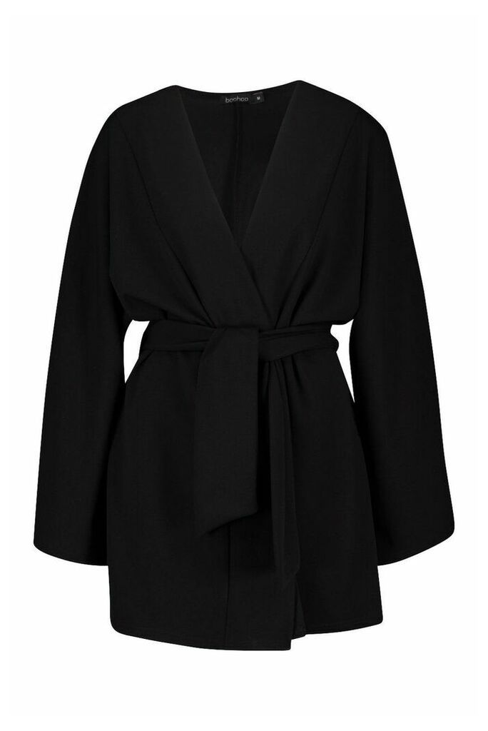 Womens Tie Waist Midi Kimono - Black - L, Black