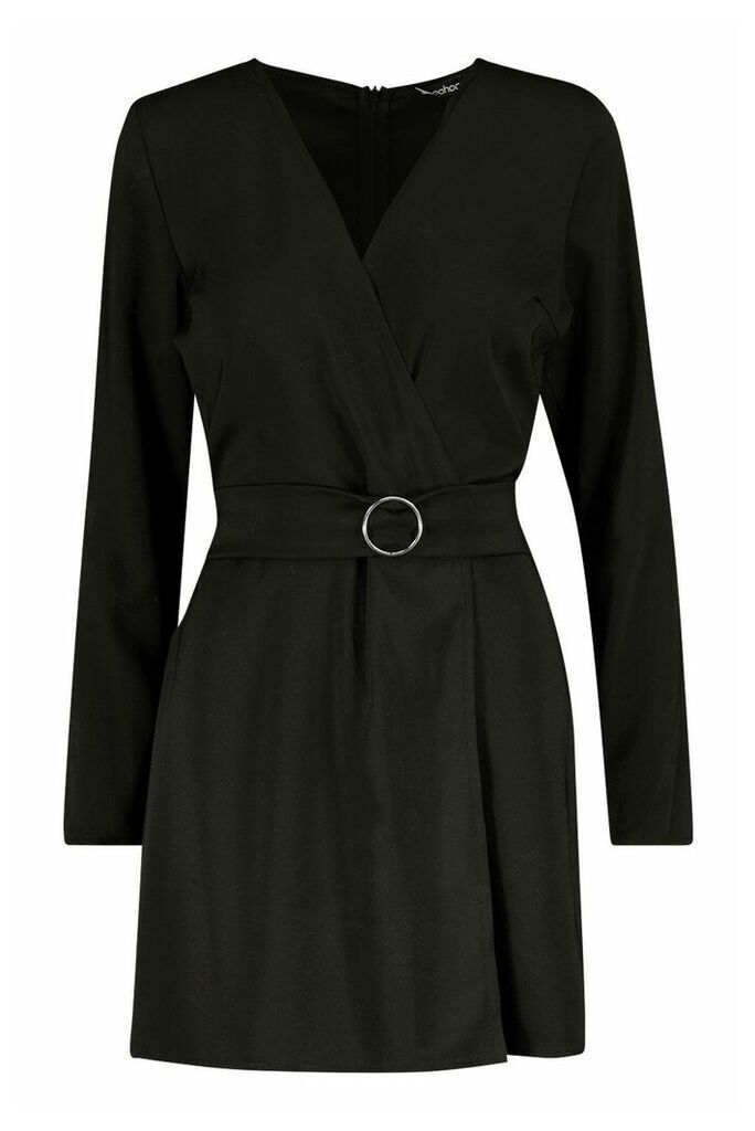 Womens Wrap O-Ring Detail Blazer Playsuit - Black - 16, Black