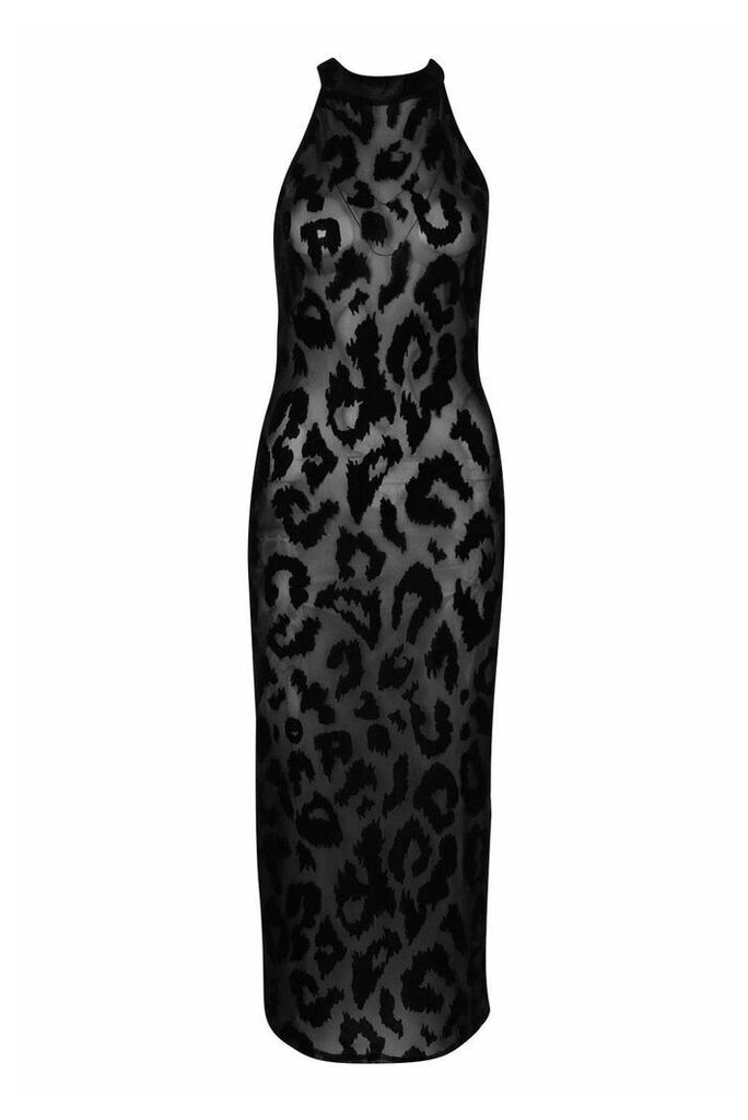 Womens Leopard Print Flocked Mesh Midaxi Dress - Black - 8, Black