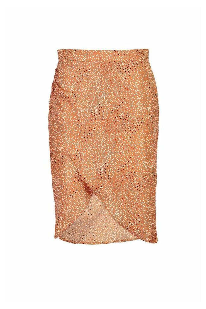 Womens Plus Smudge Spot Satin Wrap Midi Skirt - Orange - 22, Orange