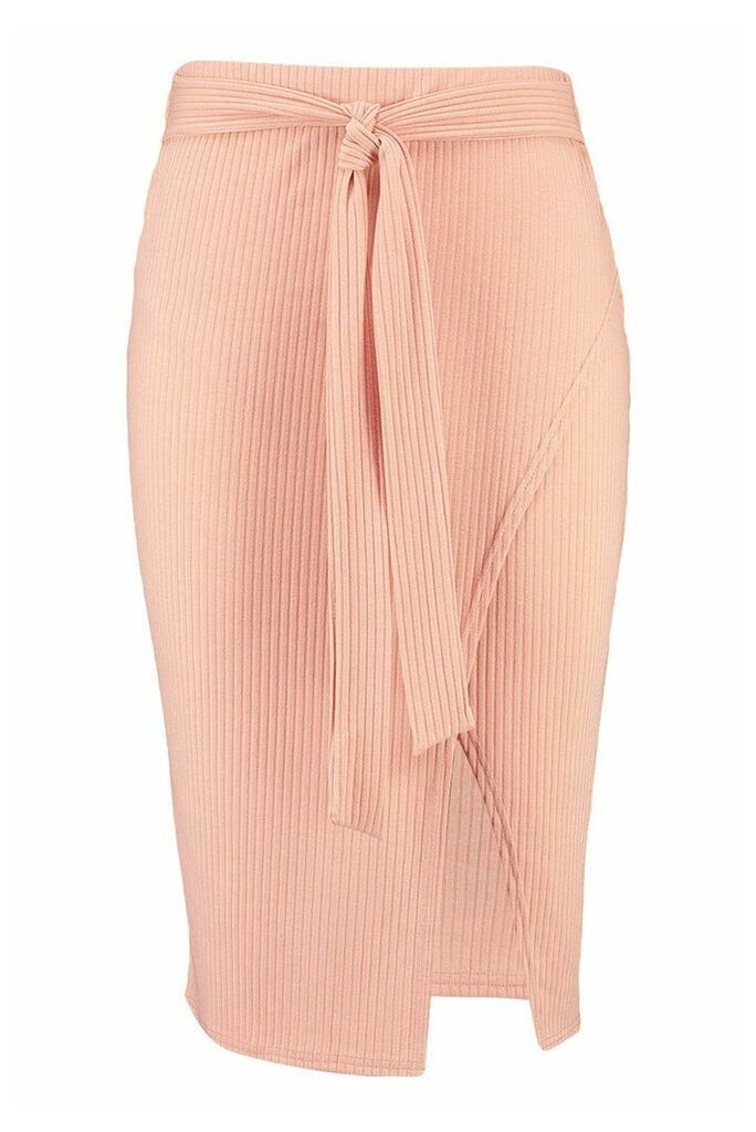 Womens Plus Rib Belted Wrap Midi Skirt - Pink - 26, Pink