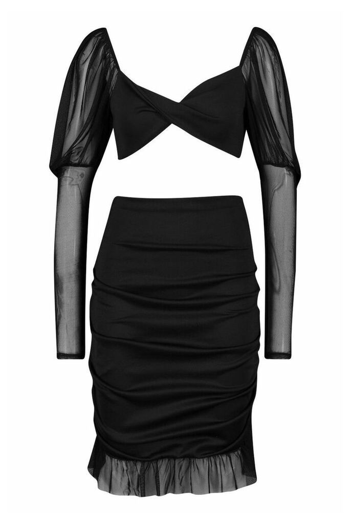 Womens Mesh Sleeve Crop & Frill Hem Skirt Co-Ord Set - Black - 10, Black