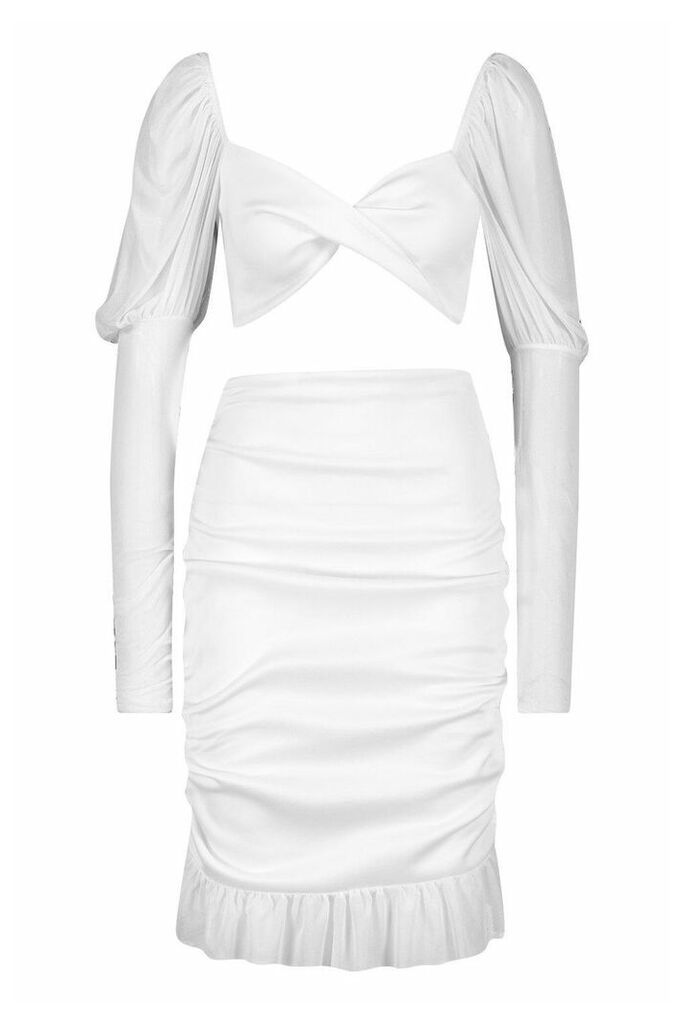Womens Mesh Sleeve Crop & Frill Hem Skirt Co-Ord Set - White - 12, White