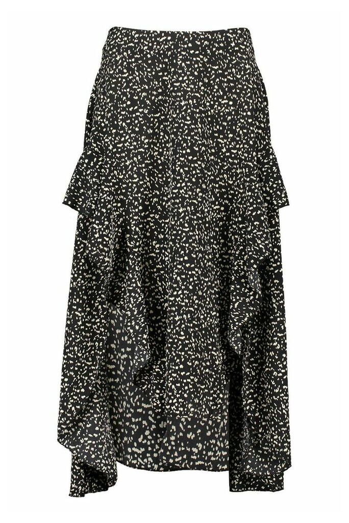 Womens Tall Animal Print Ruffle Midaxi Skirt - Black - 14, Black
