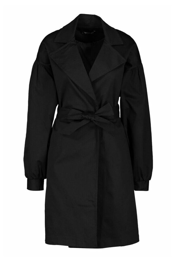 Womens Petite Volume Sleeve Belted Trench Coat - Black - 14, Black