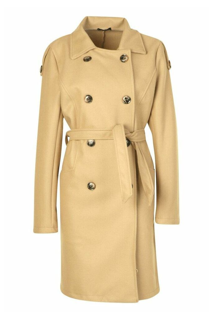 Womens Belted Wool Look Double Breasted Trench Coat - Beige - 10, Beige