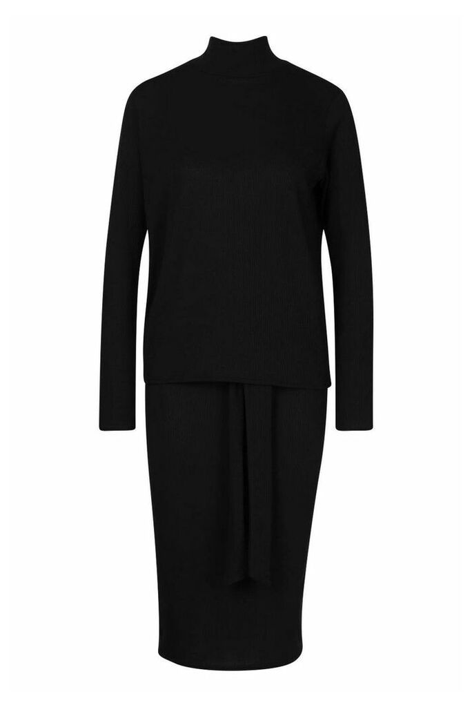 Soft Rib High Neck Top And Tie Waist Midi Skirt Co-Ord - Black - 10, Black