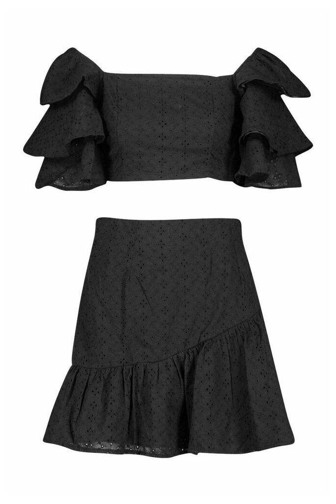 Womens Broiderie Ruffle Sleeve And Skirt Co-Ord - Black - 14, Black