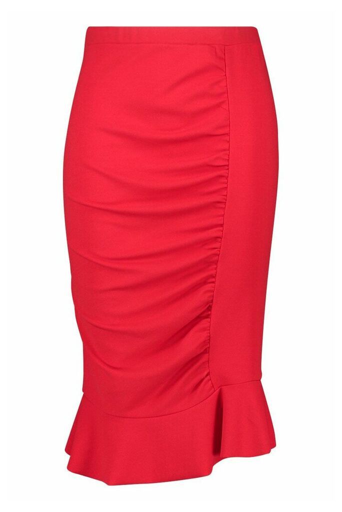Womens Plus Ruched Peplum Hem Midi Skirt - Red - 20, Red