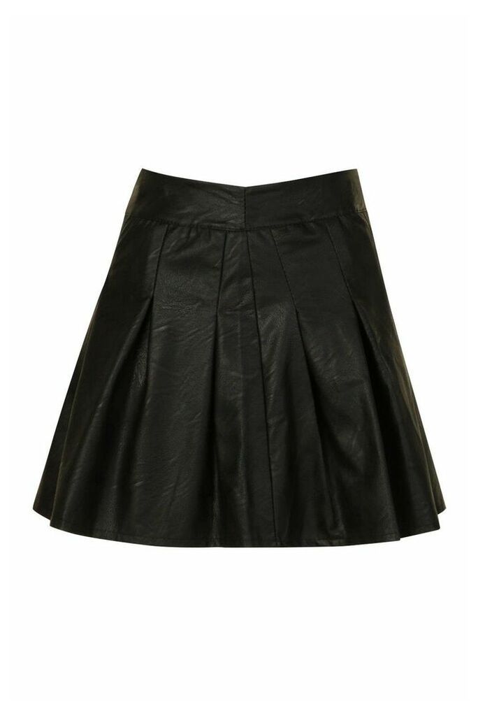 Womens Petite Leather Look Skater Skirt - Black - 14, Black