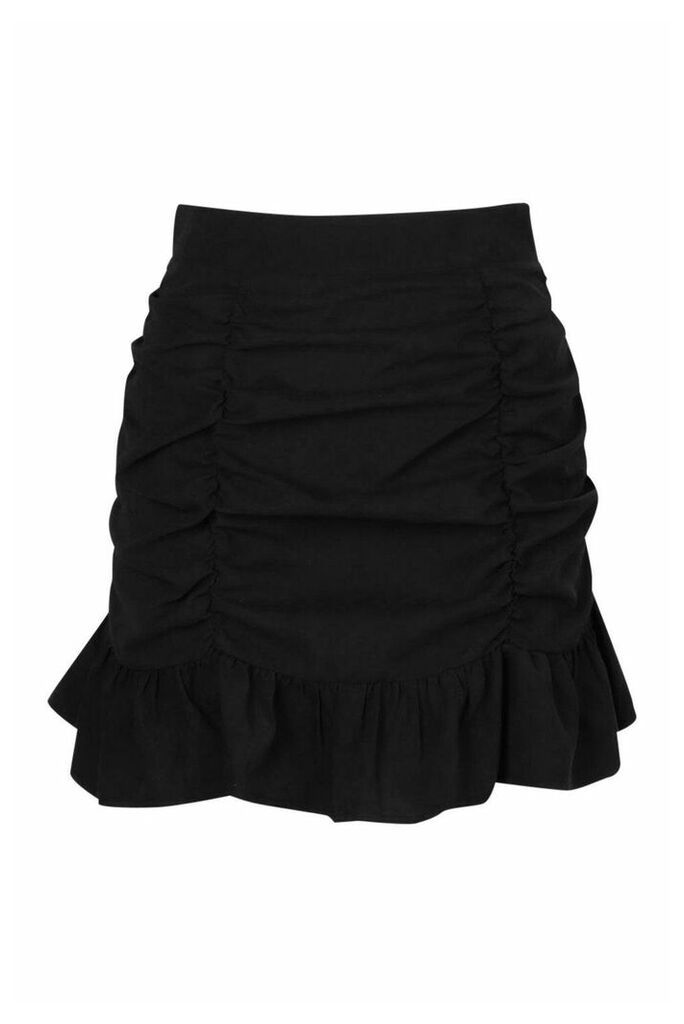 Womens Petite Twill Ruched Frill Hem Skirt - Black - 14, Black