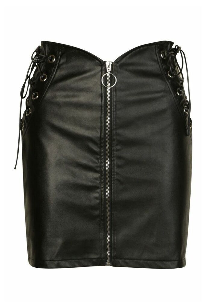 Womens Lace Up Side Zip Front Mini Skirt - Black - 10, Black