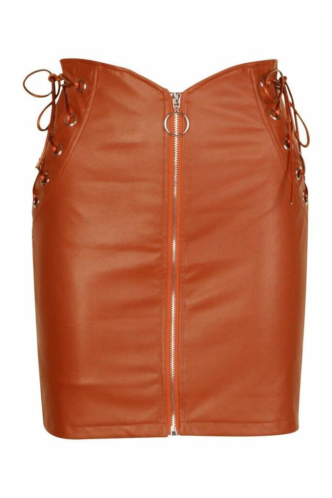 Womens Lace Up Side Zip Front Mini Skirt - Brown - 16, Brown
