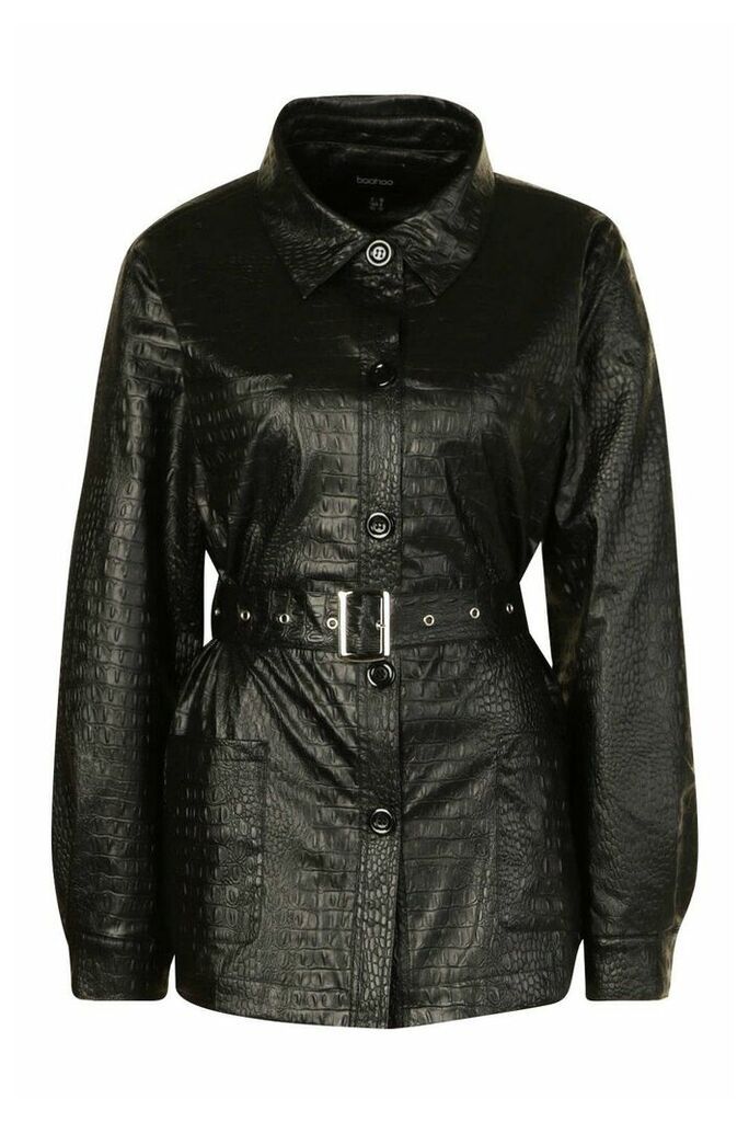 Womens Faux Croc Leather Look Belted Trench Coat - Black - 10, Black
