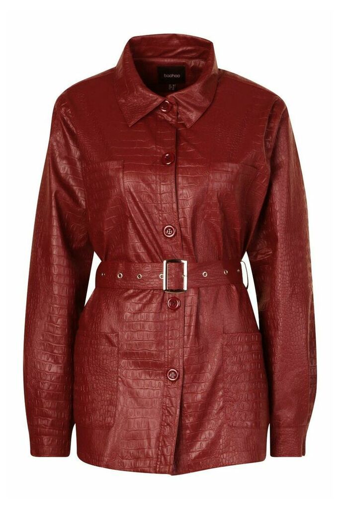 Womens Faux Croc Leather Look Belted Trench Coat - Red - 10, Red