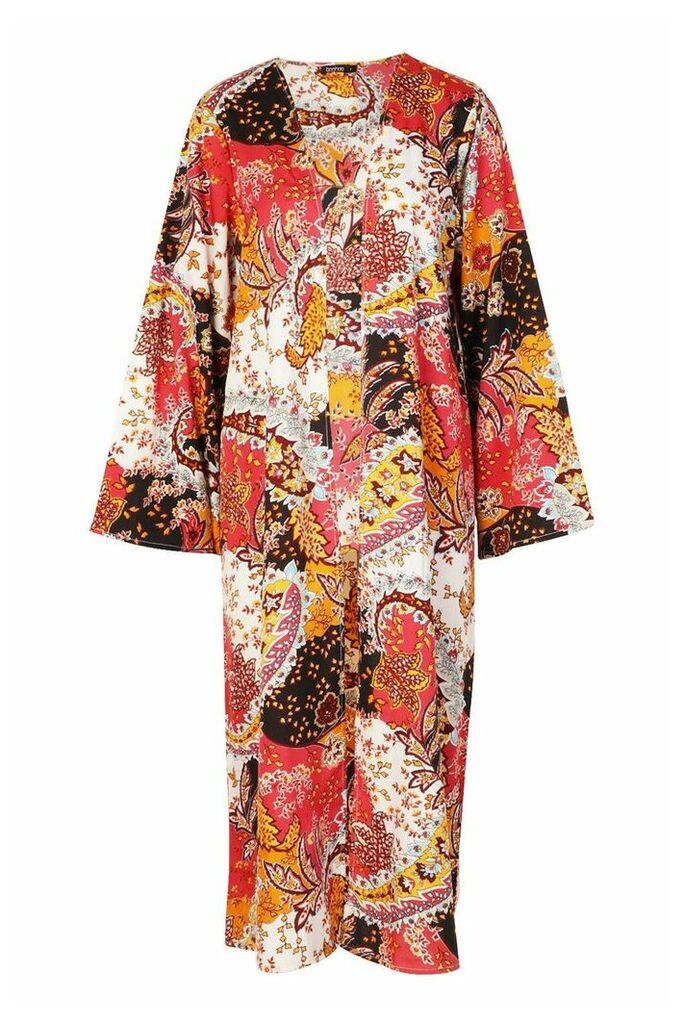 Womens Paisley Long Sleeve Maxi Kimono - Pink - M, Pink