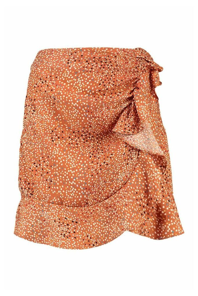 Womens Petite Polka Dot Ruched Frill Skirt - Orange - 14, Orange