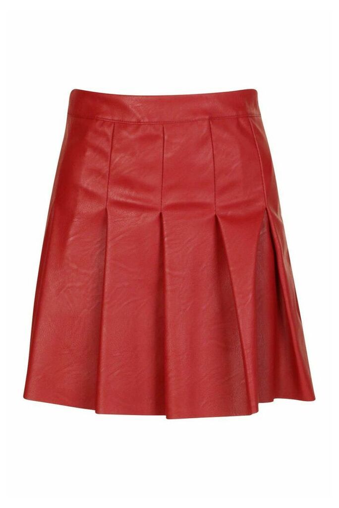 Womens Pleated Leather Look Mini Skirt - Red - 14, Red