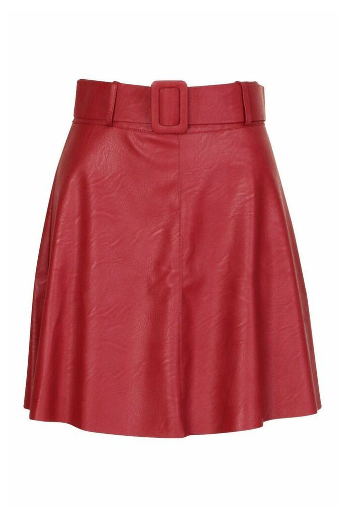 Womens Leather Look Self Belt Skater Skirt - Red - 14, Red