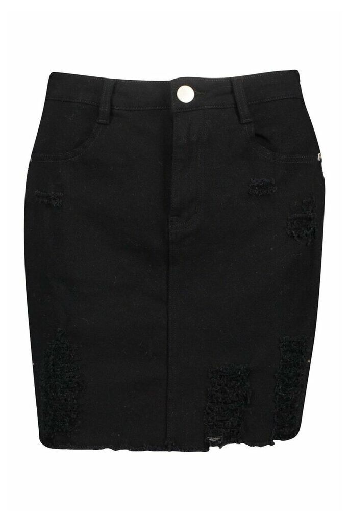 Womens Power Stretch Distressed Denim Skirt - Black - 6, Black