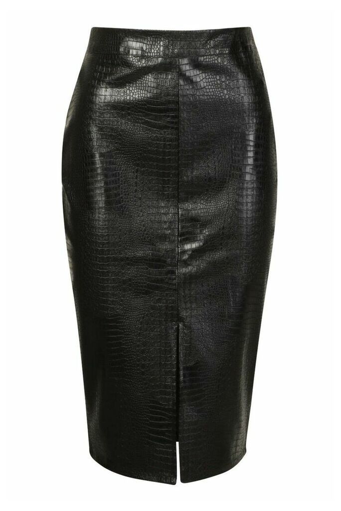 Womens Mock Croc Split Front Midi Skirt - Black - 16, Black
