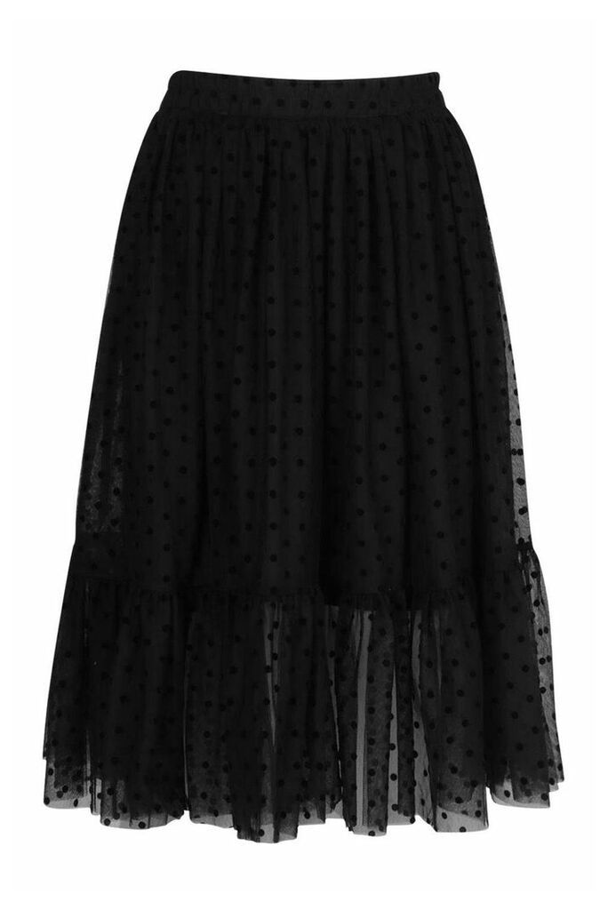 Womens Polka Dot Flocked Tulle Midi Skirt - Black - 14, Black