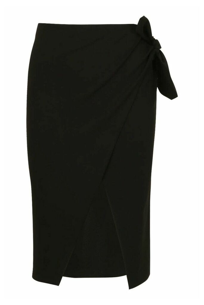 Womens Wrap Front Tie Midi Skirt - Black - 14, Black