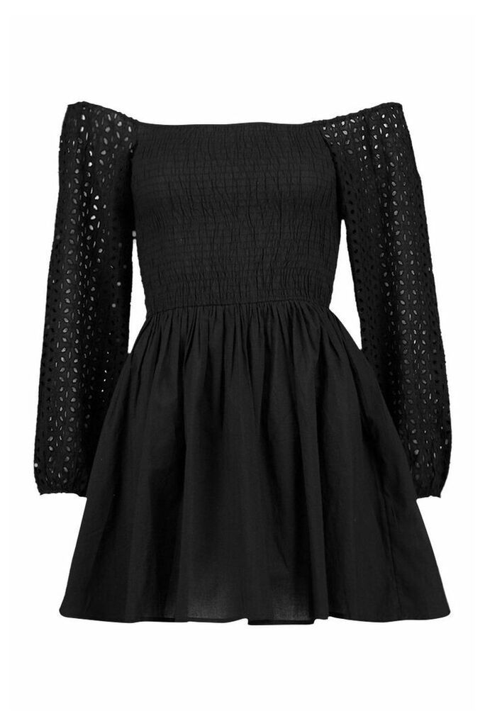 Womens Petite Crinkle Skater Dress - Black - 12, Black