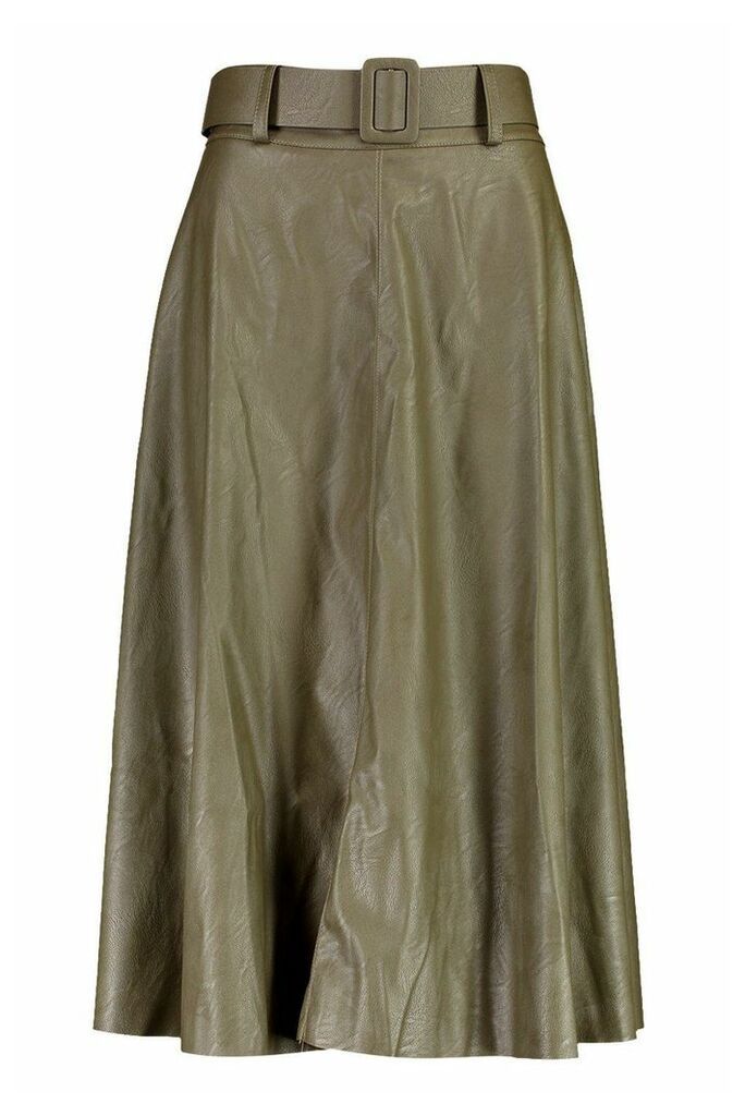 Womens Leather Look Self Belt Skater Skirt - Green - 10, Green