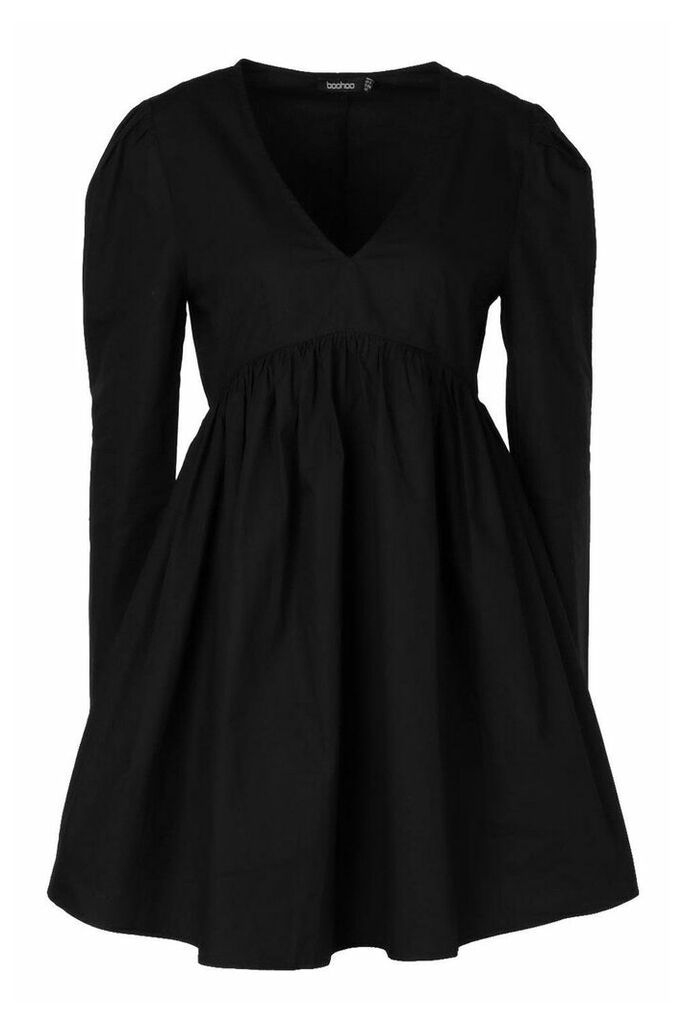 Womens Cotton Puff Sleeve Smock Dress - Black - 10, Black