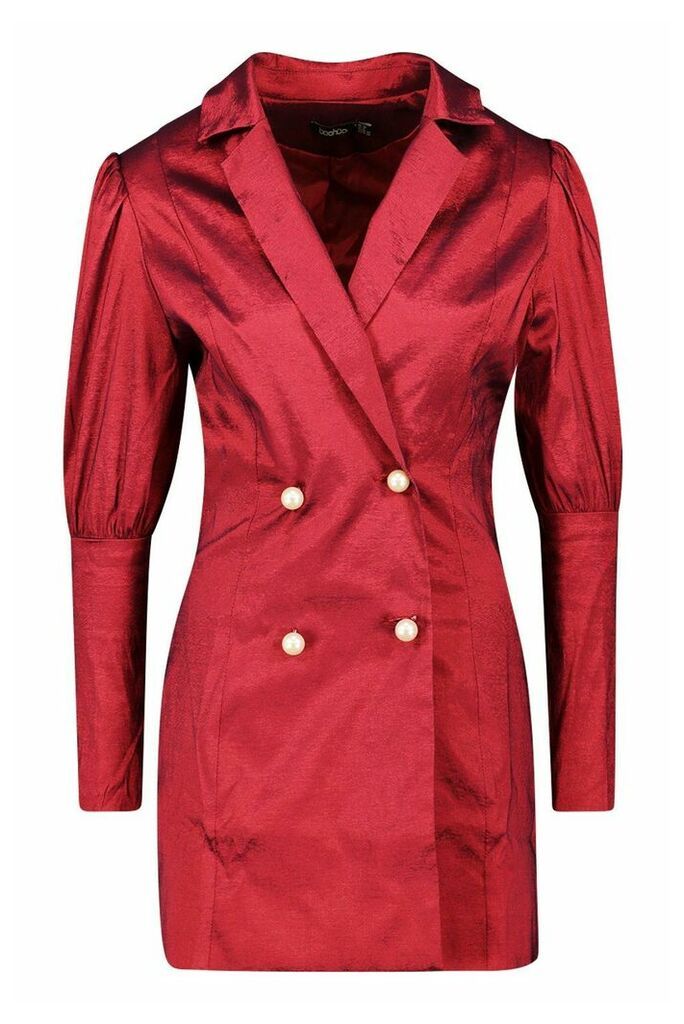 Womens Volume Sleeve Pearl Button Blazer Dress - Red - 14, Red