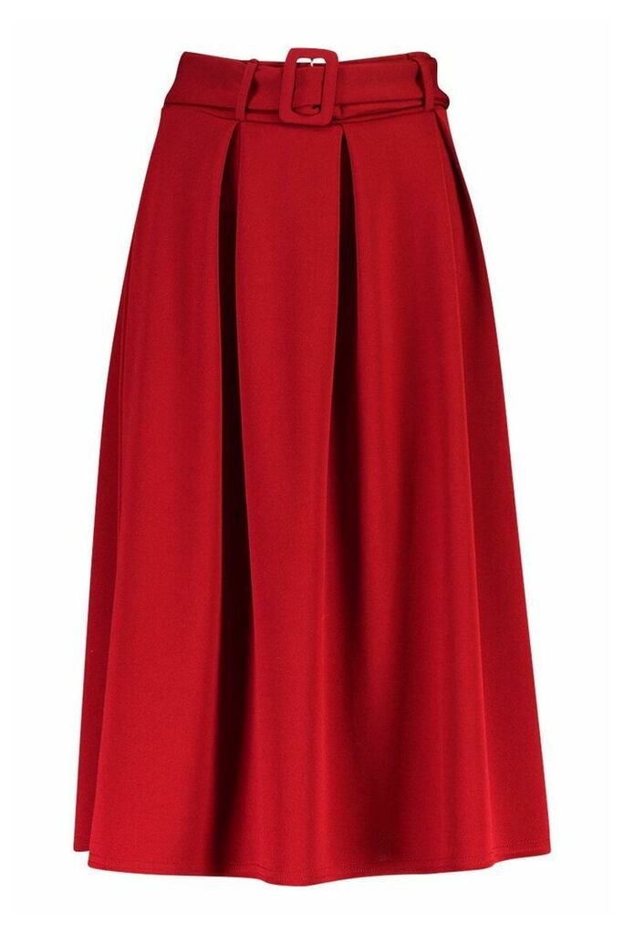Womens Self Fabric Belted Pleat Midi Skirt - Red - 10, Red