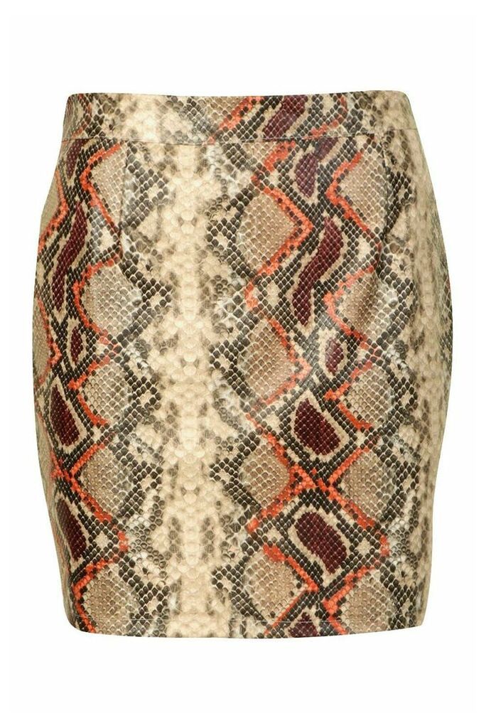 Womens Leather Look Snake Print Mini Skirt - Beige - 14, Beige