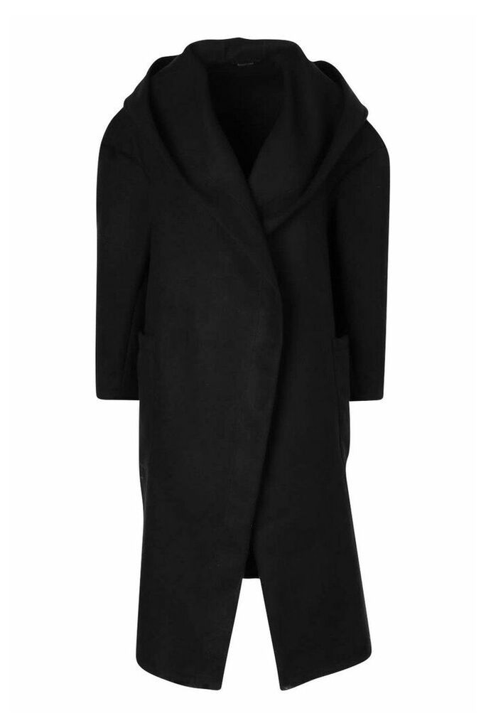 Womens Extreme Oversized Hooded Wool Look Coat - Black - S, Black