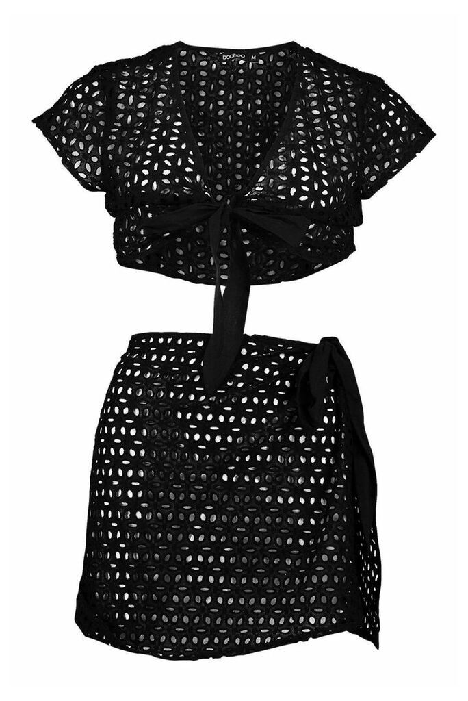 Womens Broderie Tie Skirt Beach Co-Ord - Black - M, Black