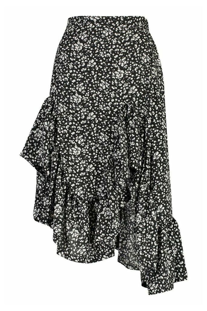 Womens Ditsy Floral Asymetric Hem Midi Skirt - Black - 16, Black