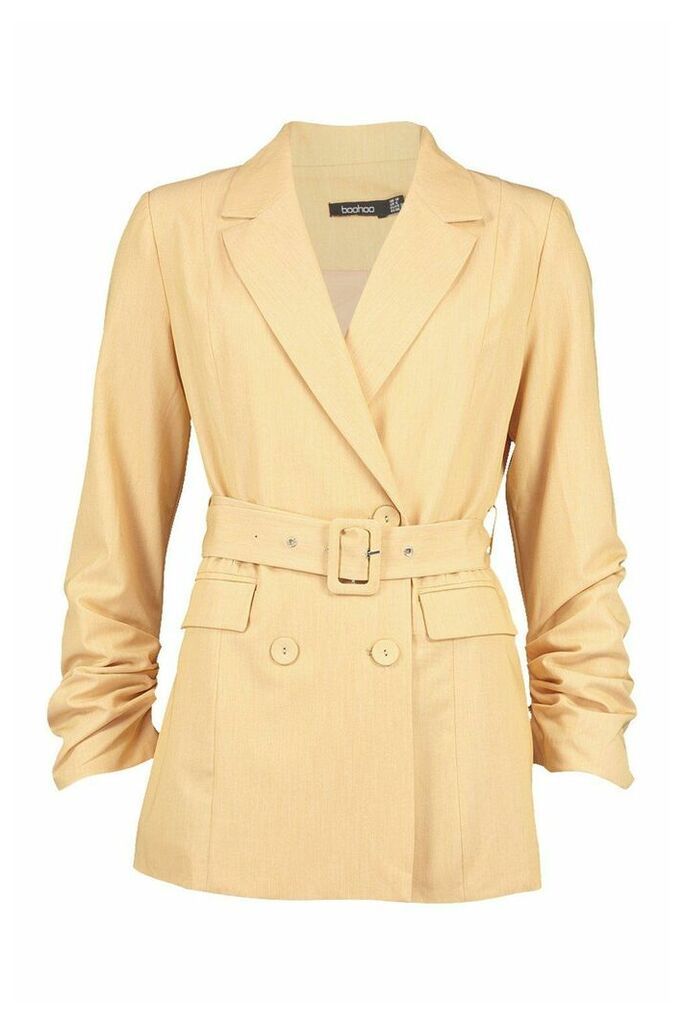 Womens Ruched Detail Sleeve Belted Blazer - Yellow - 14, Yellow