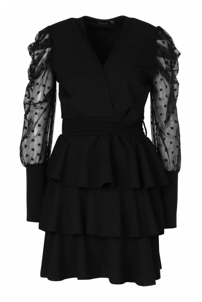 Womens Dobby Mesh Sleeve Tiered Wrap Dress - Black - 10, Black