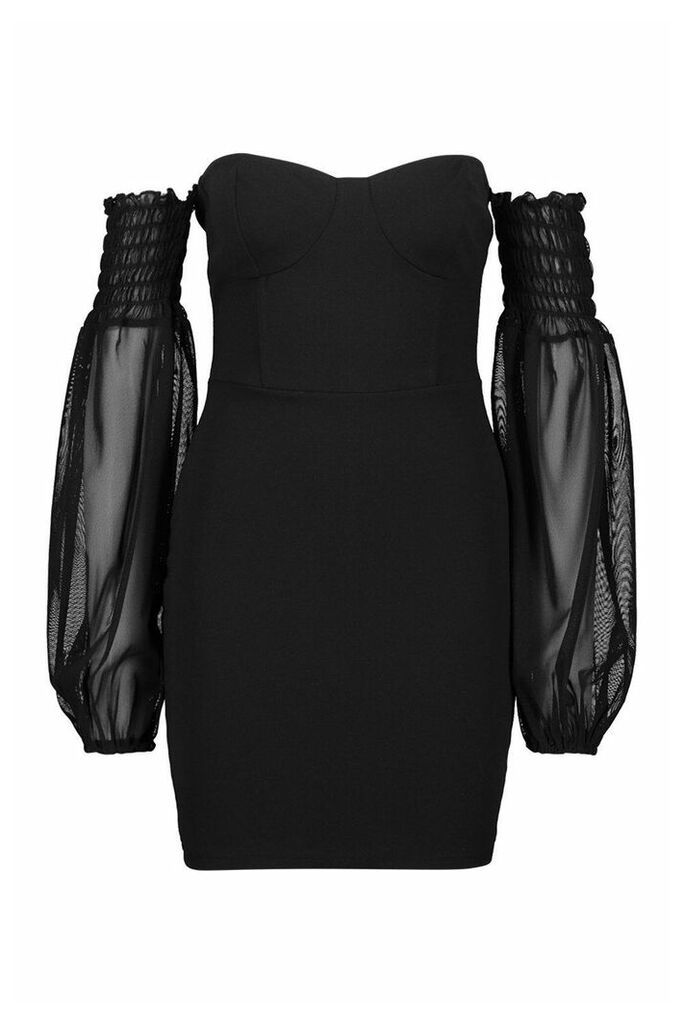 Womens Off The Shoulder Mesh Sleeve Mini Dress - Black - 14, Black