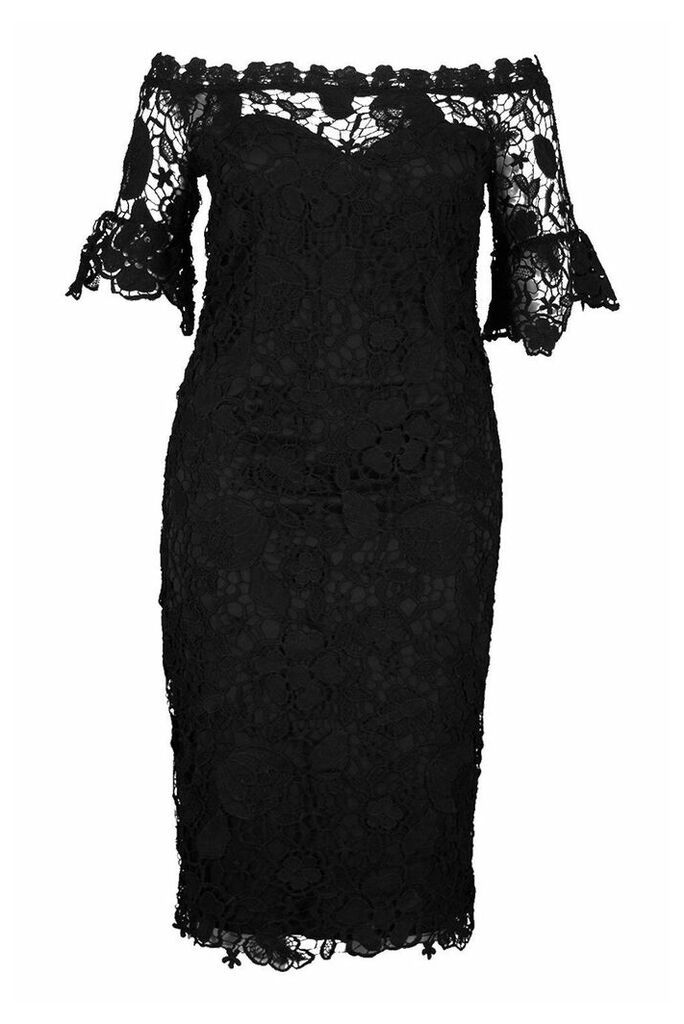 Womens Plus Occasion Lace Bardot Midi Dress - Black - 18, Black