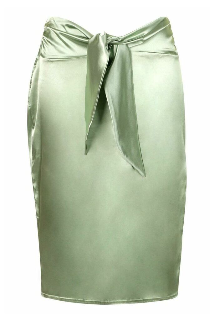 Womens Plus Tie Front Split Side Satin Midi Skirt - Green - 18, Green